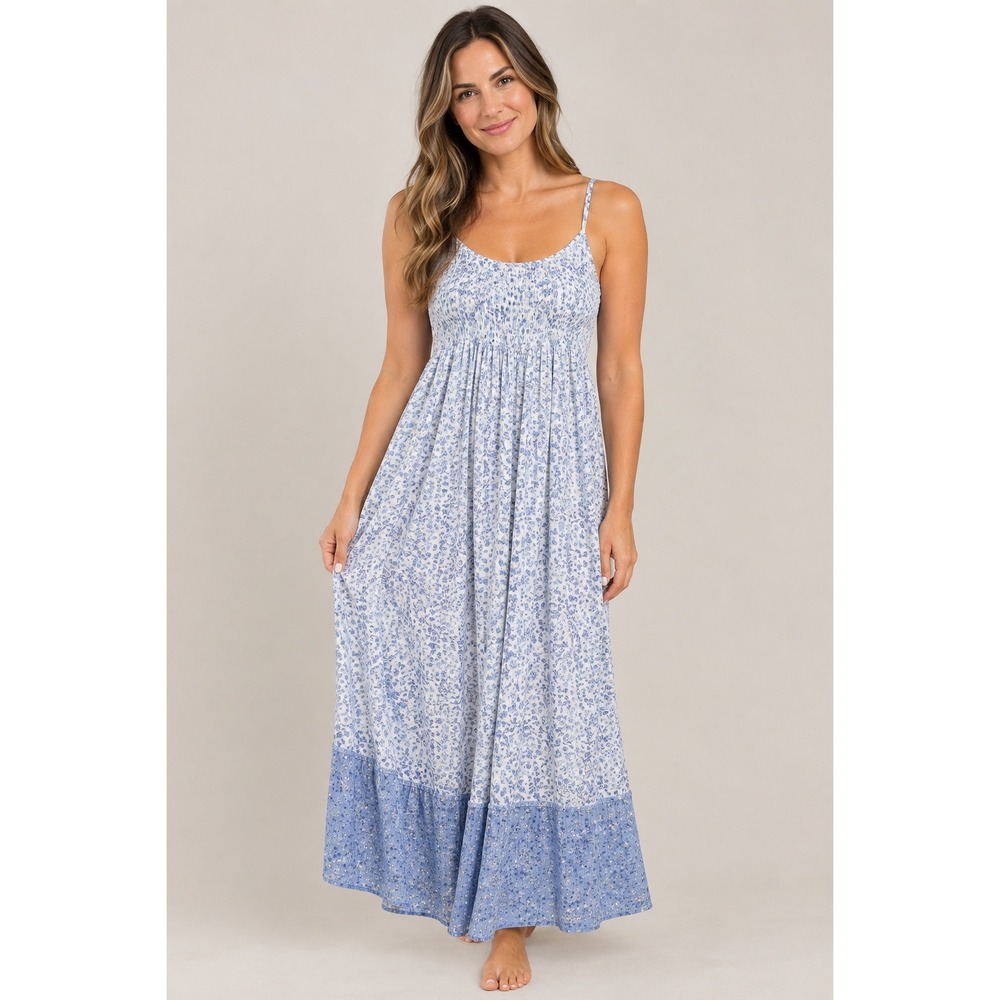 Hippie Rose Women Maxi Dress Blue L Floral Smocked Boho Cami Rayon Cottagcore